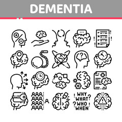 Dementia Brain Disease Collection Icons Set Vector. Dementia Mind Degenerative Illness, Memory Loss And Poor Speech Pronunciation Concept Linear Pictograms. Monochrome Contour Illustrations
