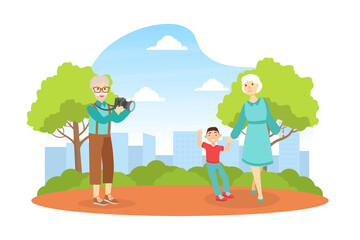 Obraz na płótnie Canvas Grandfather Shooting Grandmother with Grandchild in Park, Grandparents and Grandchild Having Good Time Together at Sunny Summer Day Cartoon Vector Illustration