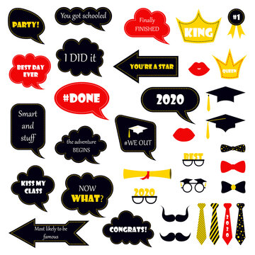 Prom. Invitation tags for the graduation party, graduation party. Photobooth vector set. Congrats grad phrase. Black bubbles with funny quotes. For selfie.