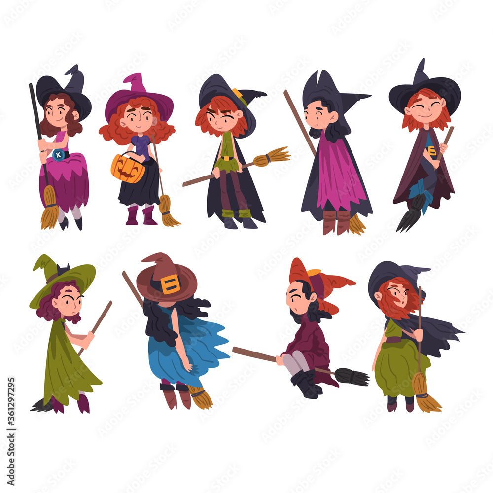 Poster cute little witches collection, girls wearing dress and hat with brooms, halloween cartoon character