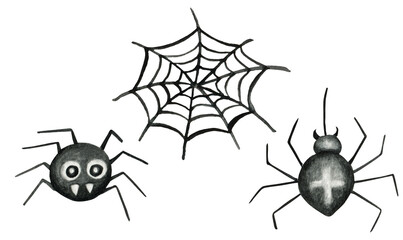 Halloween spider web and spiders isolated watercolor illustration on white background for Happy Halloween greeting card, poster, banner. Funny cartoon insect