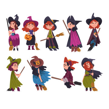 Cute Little Witches Collection, Girls Wearing Dress and Hat with Brooms, Halloween Cartoon Characters Vector Illustration