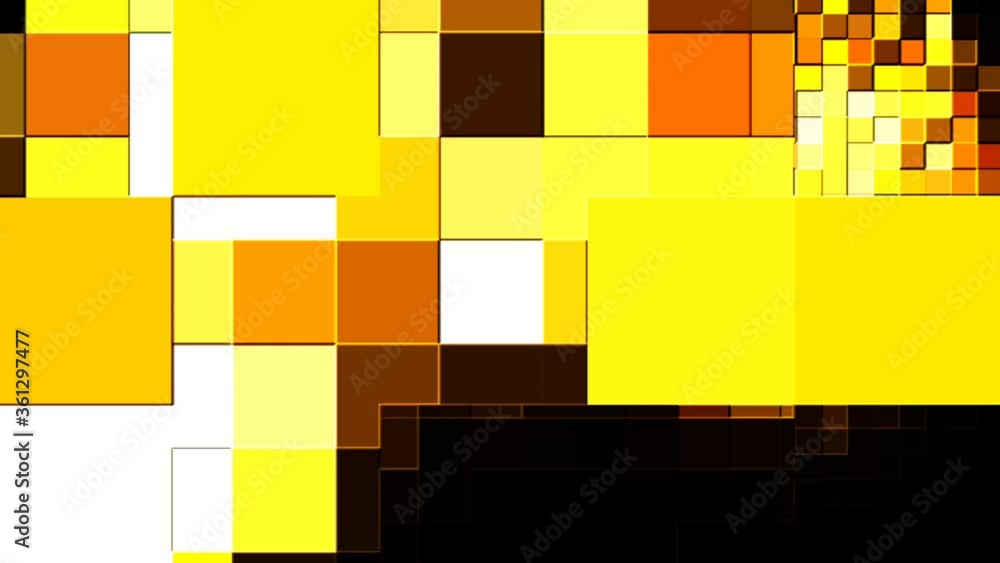 Poster square blocks of animated glowing golden background, fast moving pixel screen tile animation