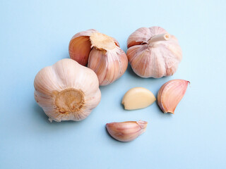 Top view of herbs and spices with garlic isolated on blue background.