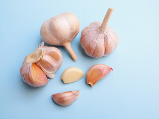 Top view of herbs and spices with garlic isolated on blue background.