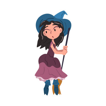 Lovely Girl Witch Standing with Broom, Cute Halloween Cartoon Character Vector Illustration
