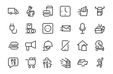 PIZZA DELIVERY, and Food Icon Set Vector thin line, contains courier, home delivery, food ordering, fast transport, drone, ship, car, editable stroke. ICONS circuits