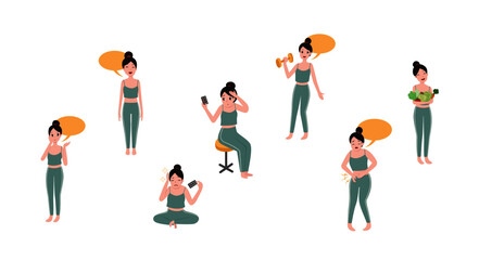 healthy woman activities cartoon character set