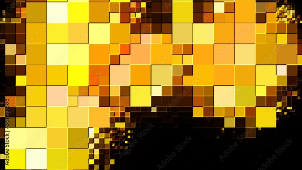 Aufkleber square blocks of animated glowing golden background, fast moving pixel screen tile animation