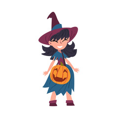 Girl Witch Standing with Bag Made of Pumpkin Wearing Dress and Hat, Cute Halloween Cartoon Character Vector Illustration