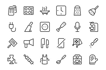 KITCHEN ICON Cooking process, Kitchen tools, Icon set, thin line vector has a blender, oven, knife, grater, barbecue, apron, barbecue, grill, coffee machine, kitchen glove, Editable stroke