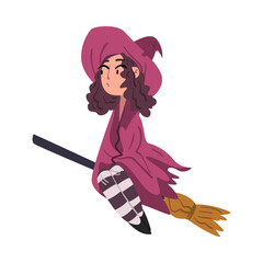 Girl Witch Flying with Broom Wearing Purple Cloak and Hat, Cute Halloween Cartoon Character Vector Illustration