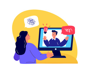 Online Psychotherapy Practice,Psychiatrist Internet Consultation.Young Woman in Laptop,Psychologist Session.Psychiatrist Help Patient with Problem.Psychoanalysis,Psychology Service.Vector Illustration