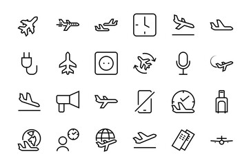 A simple set of airport related vector line icons. Contains badges such as departure, boarding, waiting time, boarding, find a place to travel tickets, and much more. Editable stroke. 48x48 pixels