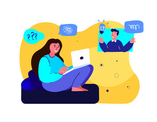 Online Psychotherapy Practice,Psychiatrist Internet Consultation.Young Woman in Laptop,Psychologist Session.Psychiatrist Help Patient with Problem.Psychoanalysis,Psychology Service.Vector Illustration