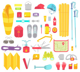Camping set. Mountain hike equipment kit. Tourism travel adventure. Flat vector illustration.