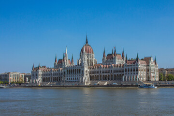 Fototapeta na wymiar View of the Parliament building in Budapest from the Danube side. Hungary