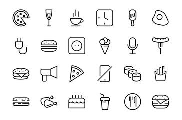 A simple set of fast food icons related to the vector line. Contains icons such as pizza, burger, sushi, bike, scrambled eggs and more. EDITABLE stroke. 480x480 pixels perfect, EPS 10