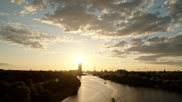 Sunset over Treptower Park and Spree River, Fernsehturm, Berlin, Germany