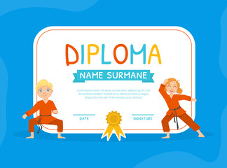 Kids Sports Diploma Template, Martial Arts Certificate Cartoon Vector Illustration © topvectors