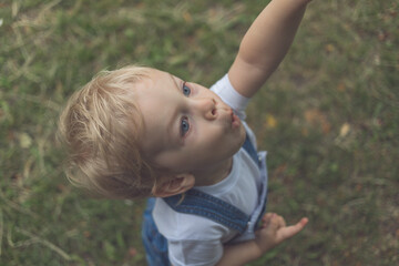 A little boy of two years in a blue jumpsuit and a white T-shirt walks in the park and is surprised by everything that is happening around him. High quality photo