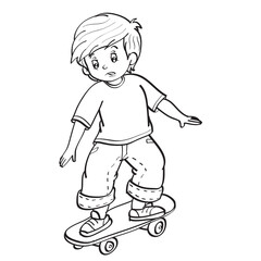 sketch of a boy who learns to ride a skateboard, fear, coloring, isolated object on a white background, vector illustration,