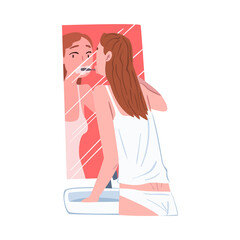 Young Woman Standing in front of Mirror and Brushing her Teeth in Bathroom, People Activity Daily Routine Cartoon Style Vector Illustration on White Background