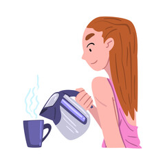 Young Woman Having Breakfast at Kitchen, Girl Pourng Water into Cup, People Activity Daily Routine Cartoon Style Vector Illustration on White Background