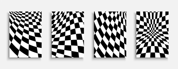 Set of vector black and white geometric covers. Unusual simple posters with checker abstract print
