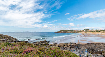Naklejka premium Summer in Montalvo beach. Sanxenxo. Tourism in Galicia. The most beautiful spots in Spain.
