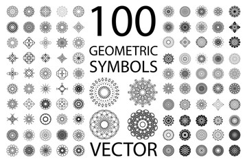 100 GEOMETRIC SYMBOLS. MEGA BUNDLE OF VECTOR SIGNS. ISOLATED ON WHITE.