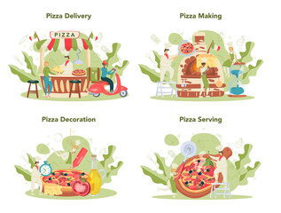 Fototapeta premium Pizzeria concept set. Chef cooking tasty delicious pizza. Italian food