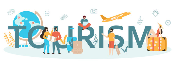 Tourism typographic header concept. Office worker selling tour, cruise