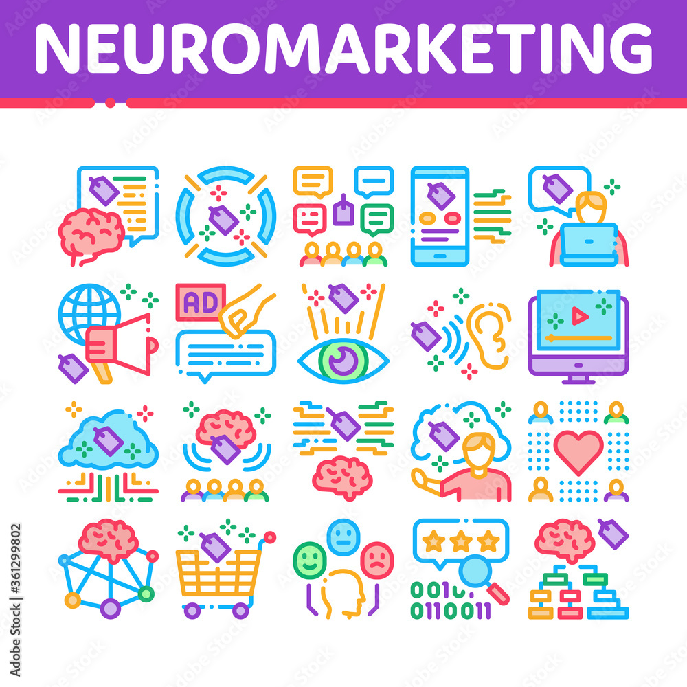 Poster neuromarketing business strategy icons set vector. neuromarketing technology and research binary cod