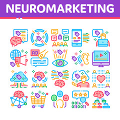 Fototapeta na wymiar Neuromarketing Business Strategy Icons Set Vector. Neuromarketing Technology And Research Binary Code, Worldwide Marketing And Buy Cart Concept Linear Pictograms. Color Illustrations