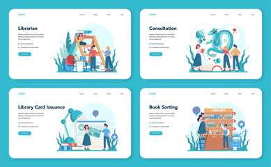Librarian web banner or landing page set. Library staff holding