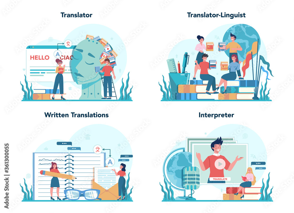 Poster translator and translation service concept set. polyglot translating