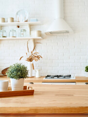 Kitchen wooden table top and kitchen blur background interior style scandinavian - 361300013