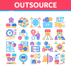 Outsource Management Collection Icons Set Vector. Outsource Team And World Business Process, Agreement Document And Job Payment Concept Linear Pictograms. Color Illustrations