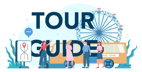 Tour vacation guide typographic header concept. Tourists listening