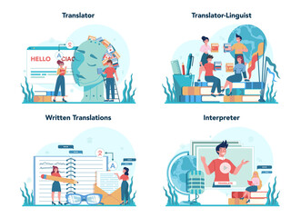 Translator and translation service concept set. Polyglot translating