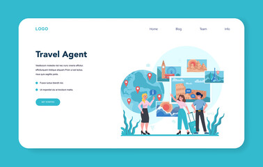 Travel agent web banner or landing page. Office worker selling