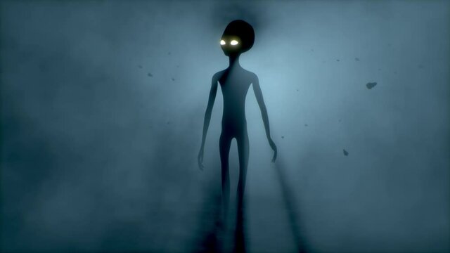 Scary gray alien walks and looks blinking on a dark smoky background. UFO futuristic concept. 3D rendering.