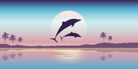 Fototapeta na wymiar two dolphins jump out of the water at sunrise vector illustration EPS10