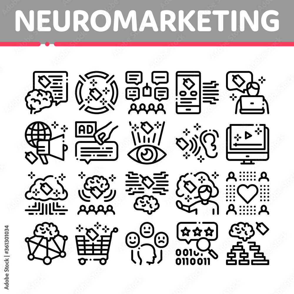Poster neuromarketing business strategy icons set vector. neuromarketing technology and research binary cod