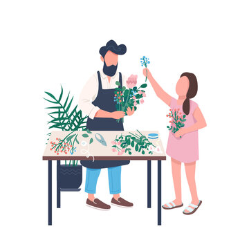 Father florist with daughter flat color vector faceless character