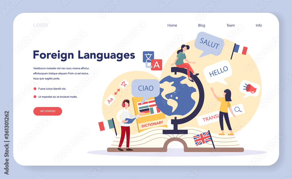Aufkleber language learning web banner or landing page. study foreign