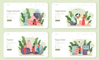 Fototapeta premium Yoga instructor web banner or landing page set. Asana or exercise