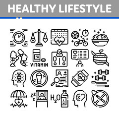 Healthy Lifestyle Collection Icons Set Vector. Healthy Food Dish And Vitamin Pills, Sport And Walking, Non-alcohol And Non-smoking Concept Linear Pictograms. Monochrome Contour Illustrations