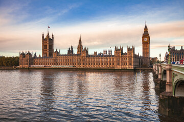 Naklejka na ściany i meble London cityscape with Palace of Westminster Big Ben and Westminster Bridge in a morning light